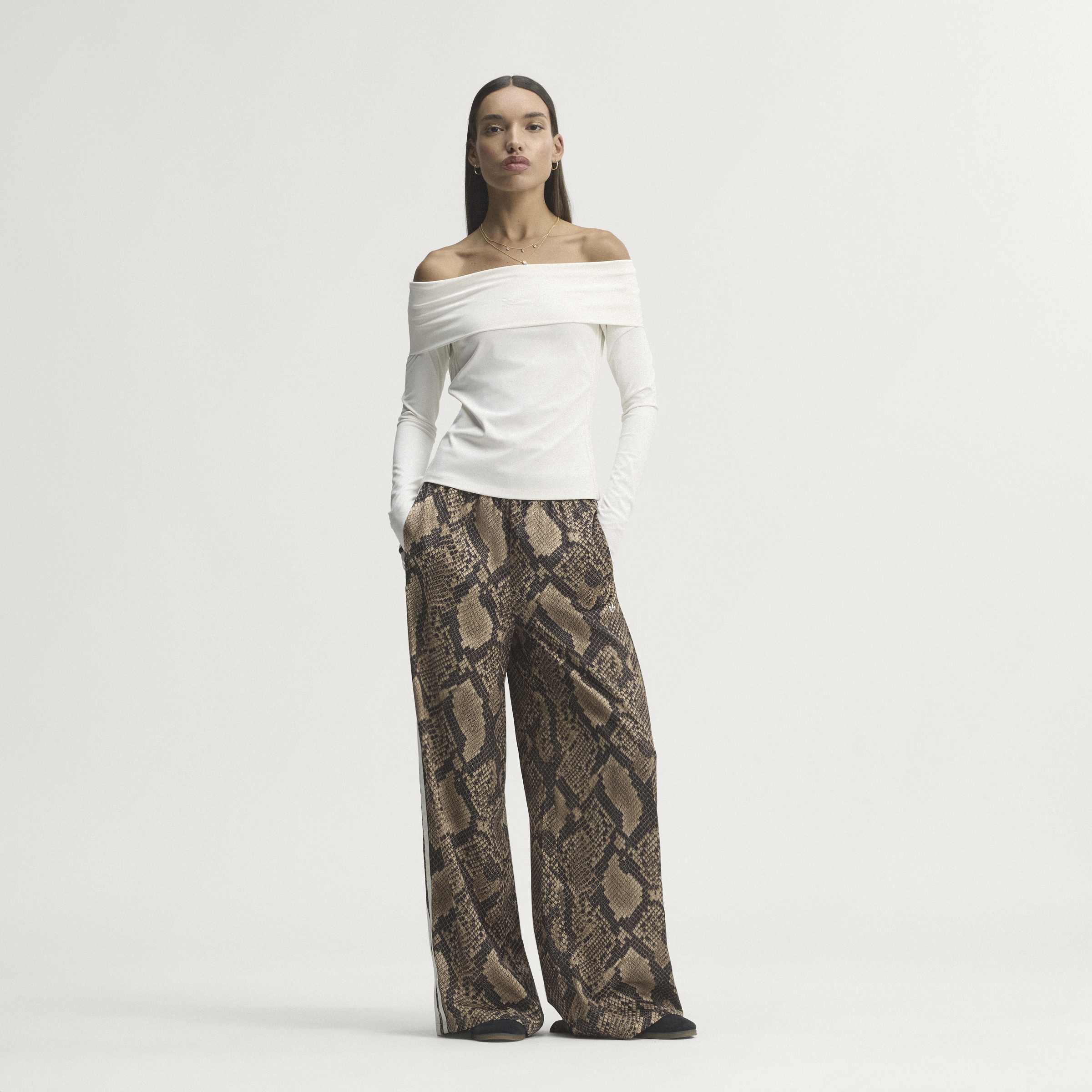 Satin Snake Print Wide Leg Track מכנס ארוך